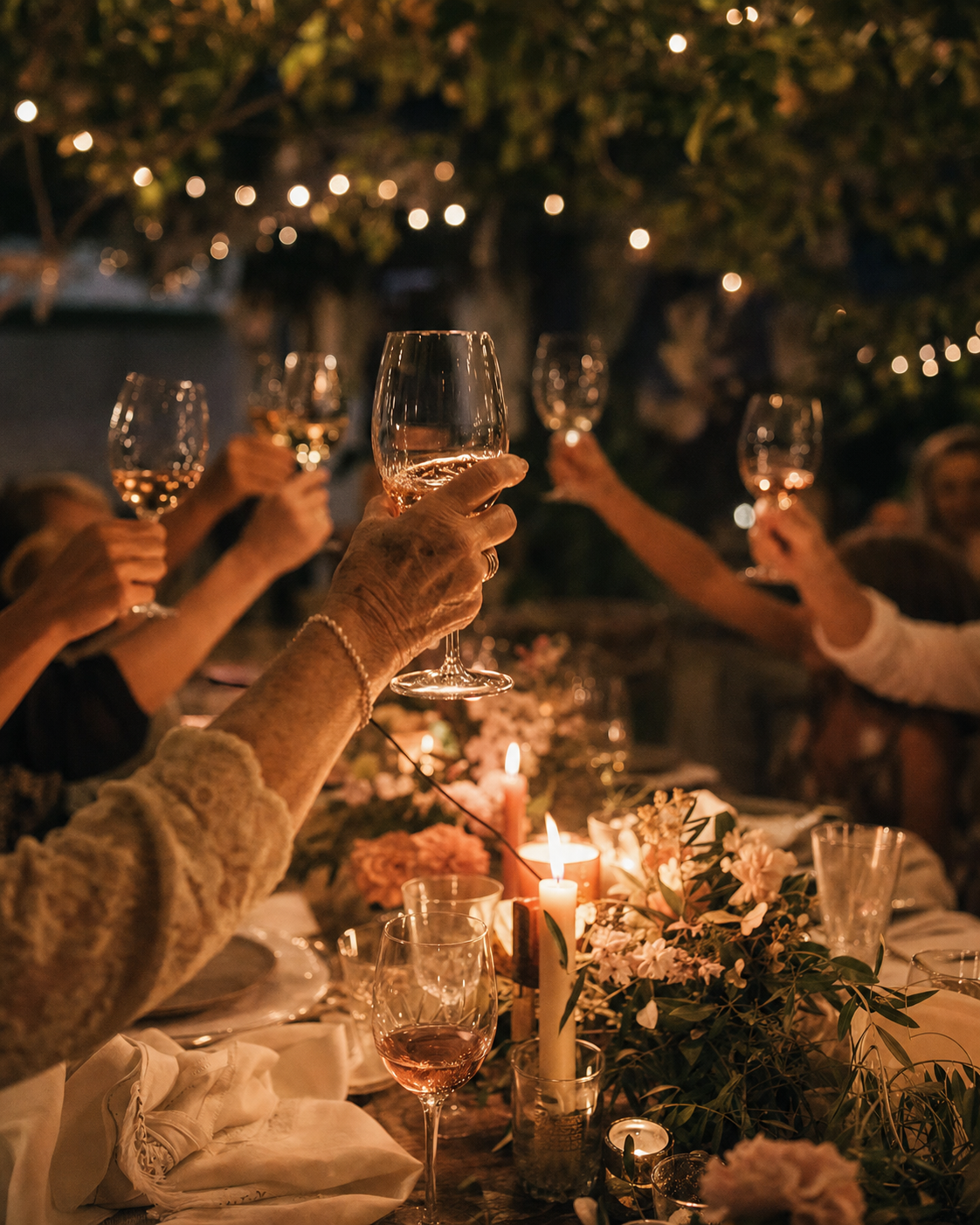Candlelit celebration table with guests raising glasses