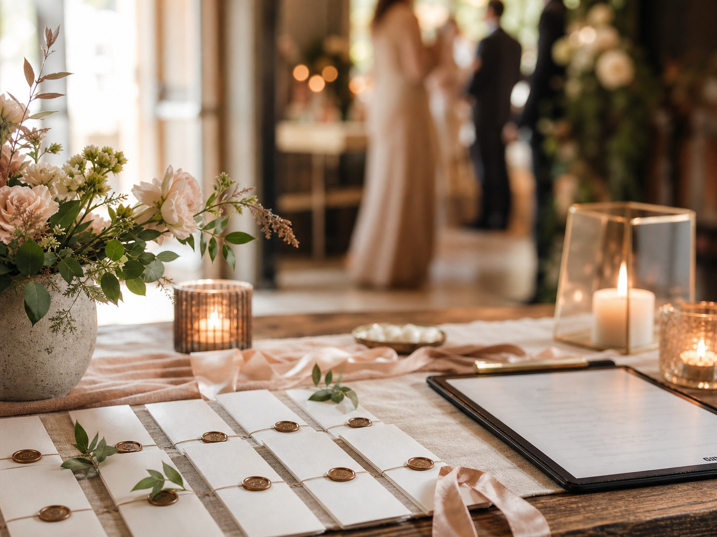 Warm welcome table with candles and guest envelopes